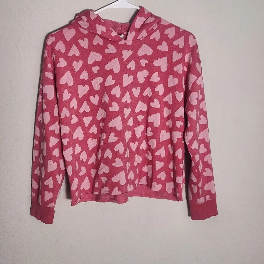 Old Navy Girls Heart Print Hoodie XL 14-16 Pink Pullover Sweatshirt Cozy Cute